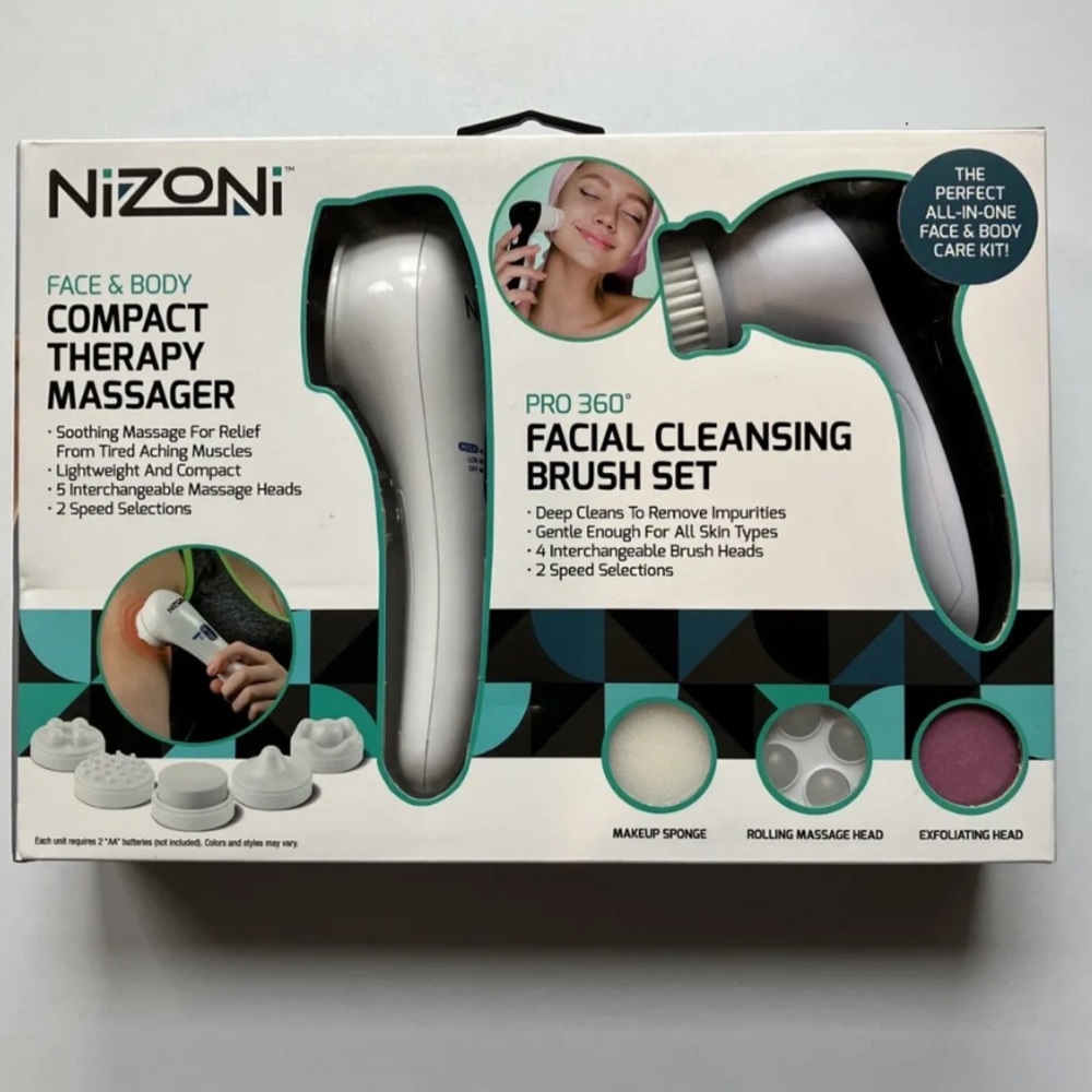 NIZONI Face & Body Compact Therapy Massager + Pro 360 Facial Cleansing Brush Set
